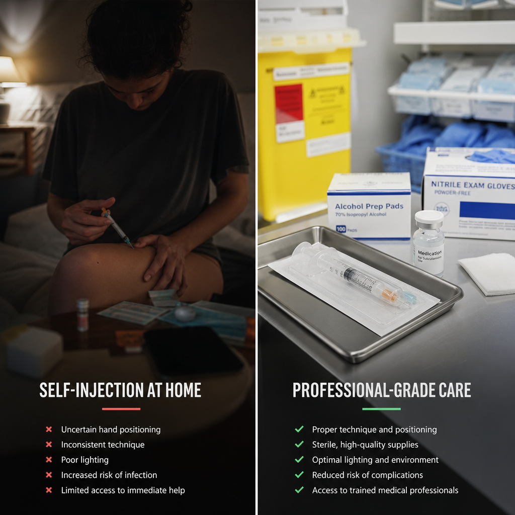 Comparison between unsafe at-home injection attempt and professional clinical injectable administration setup