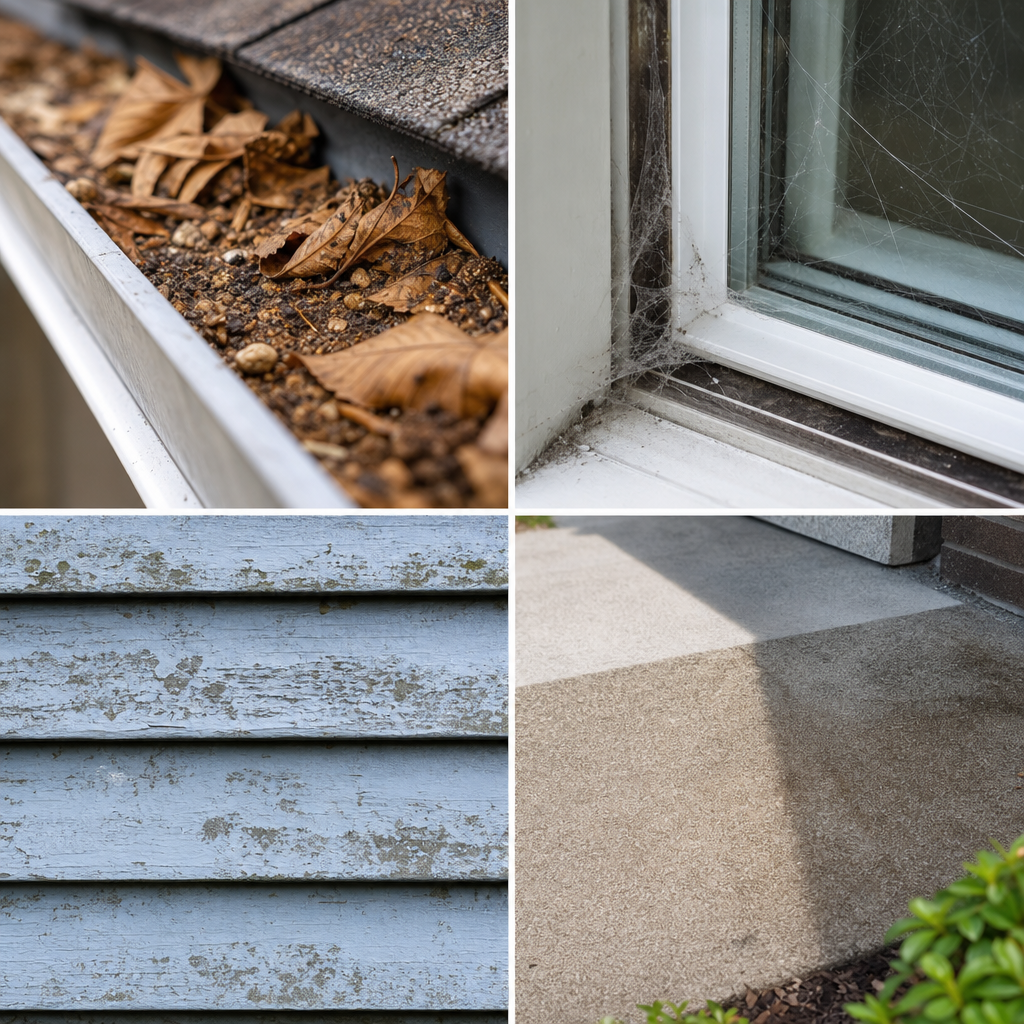 Four close-up images of common exterior cleaning issues including gutters, webs, siding, and concrete