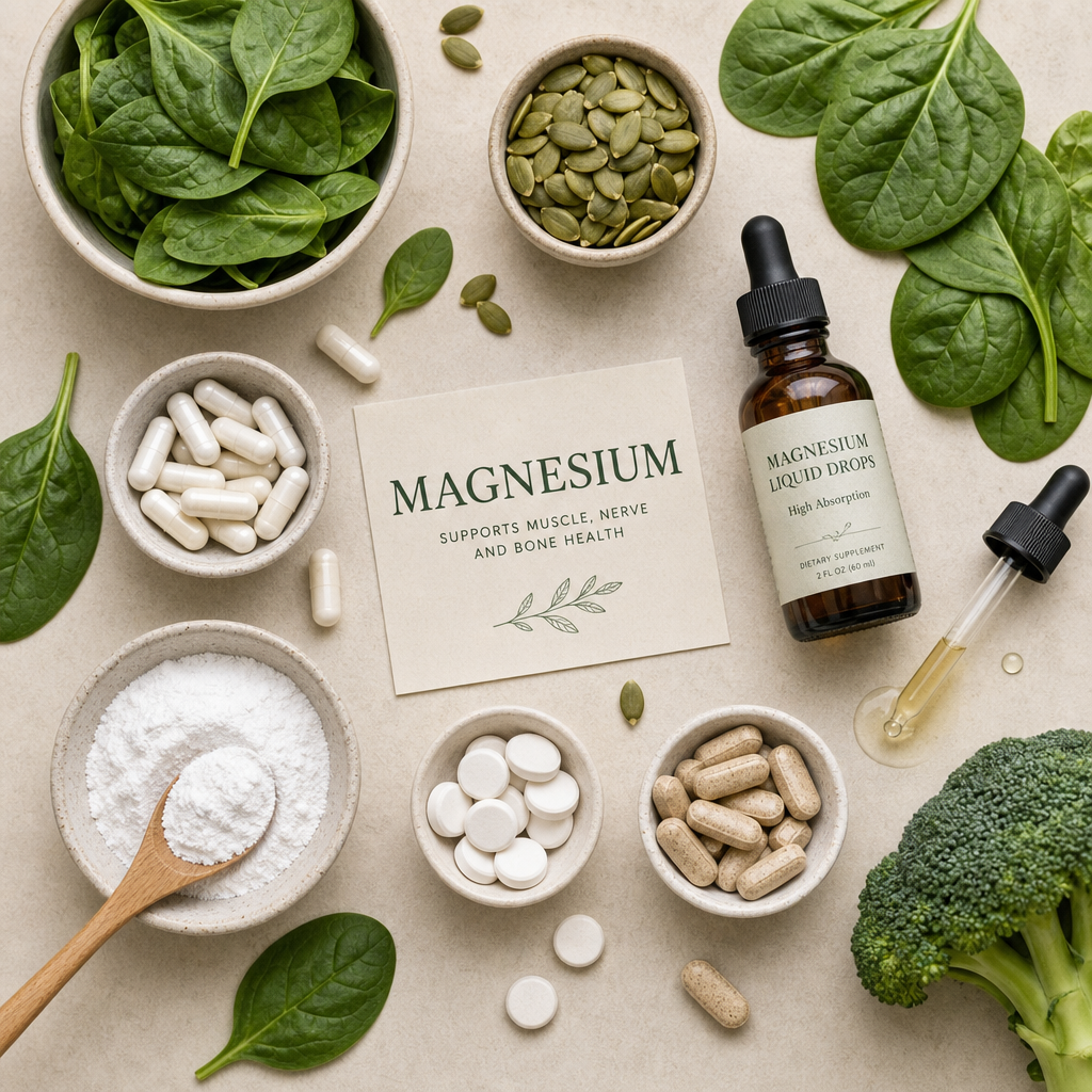 Different forms of magnesium supplements and natural food sources displayed