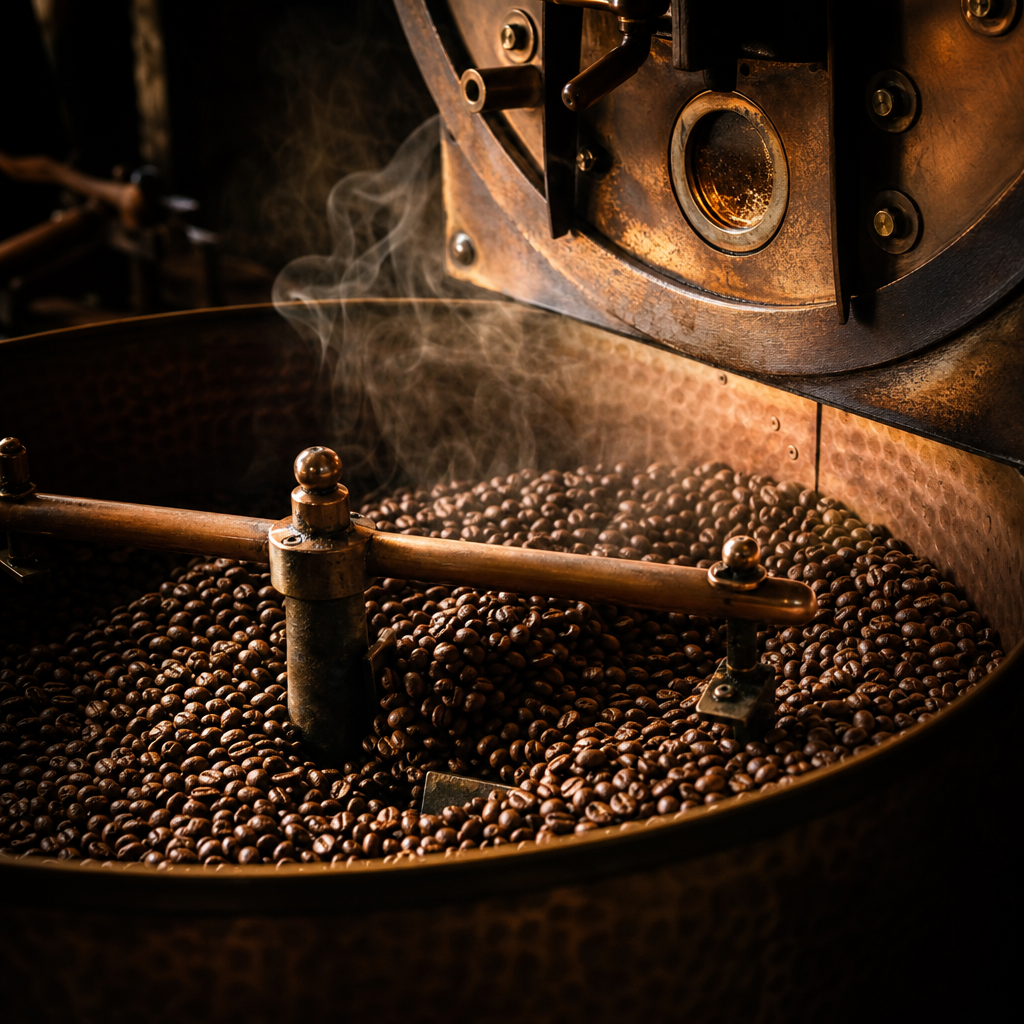 Dark roasted coffee beans tumbling in a traditional drum roaster with visible heat and light