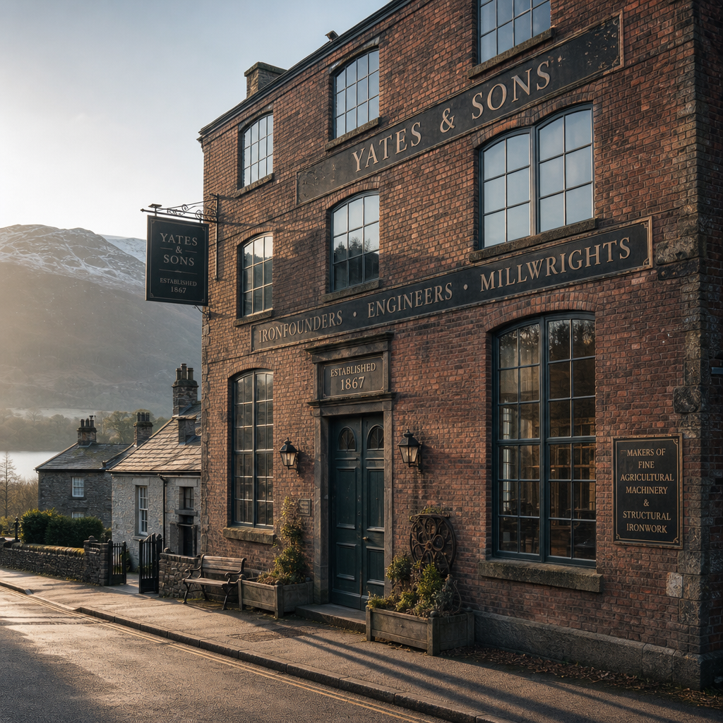 Historic brick building with Victorian-era windows in the Lake District countryside