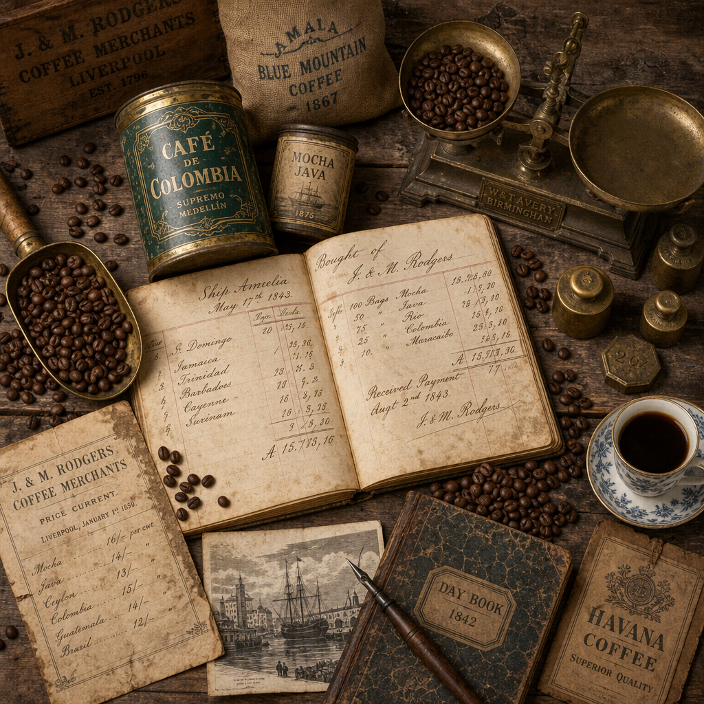 Vintage coffee supplies, ledgers, and roasted beans arranged on aged wood surfaces