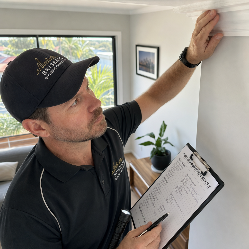 Building inspector conducting detailed examination of interior walls during handover inspection