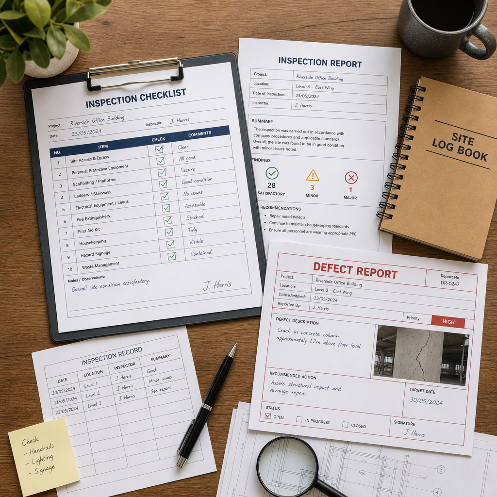 Building inspection reports and defect checklist documents laid out on desk