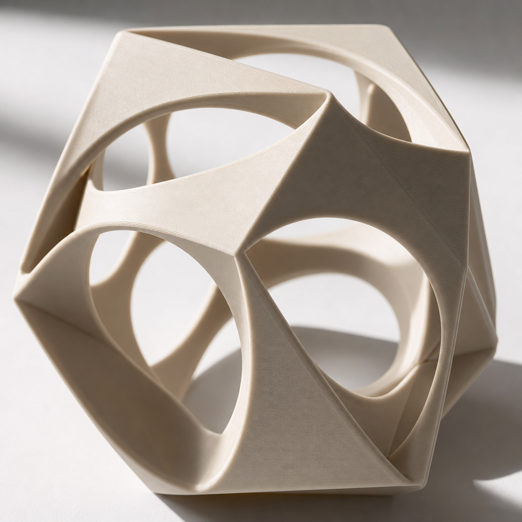 Detailaufnahme eines geometrischen 3D-gedruckten Dekorationsobjekts mit eleganten Formen