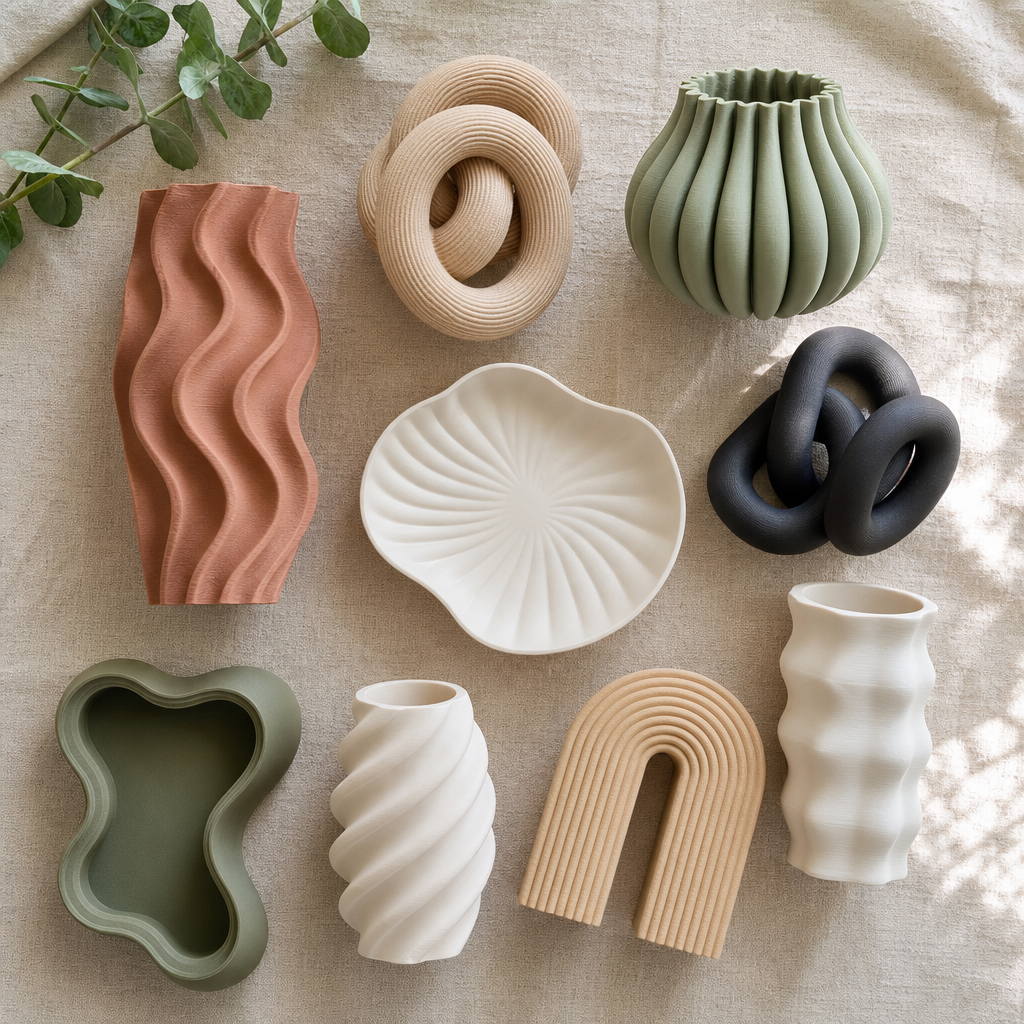Verschiedene 3D-gedruckte Heimdeko-Objekte in unterschiedlichen Designs und Formen von oben fotografiert
