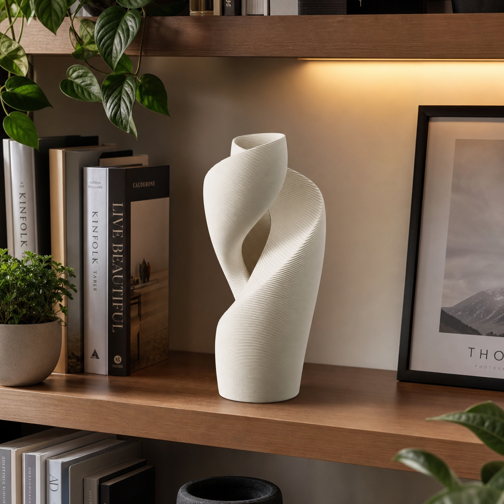 3D-gedrucktes Dekorationsstück in einem stilvollen Wohnzimmerregal neben Büchern und Pflanzen