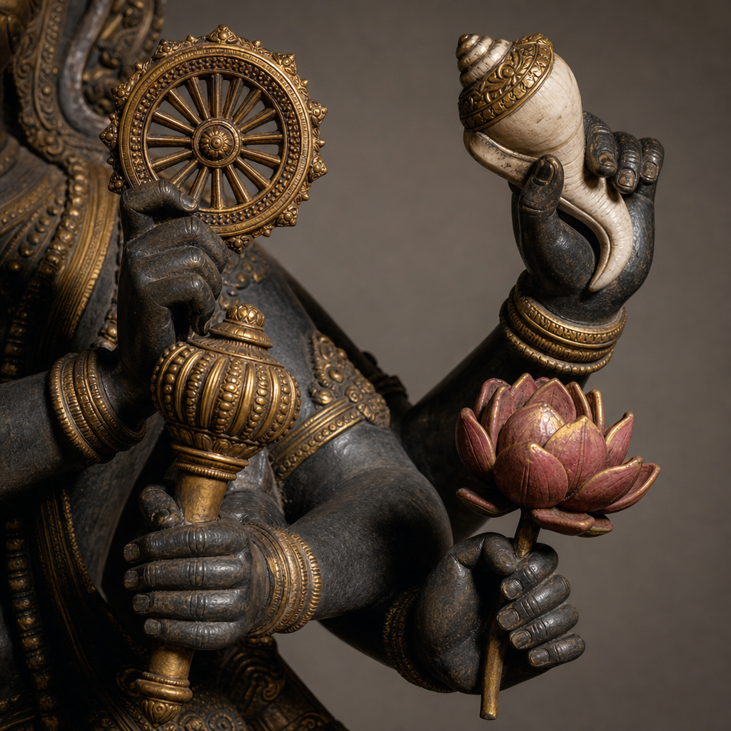Vier Hände einer Gottheitsstatue, die jeweils heilige symbolische Objekte halten, darunter Muschel, Diskus, Streitkolben und Lotus