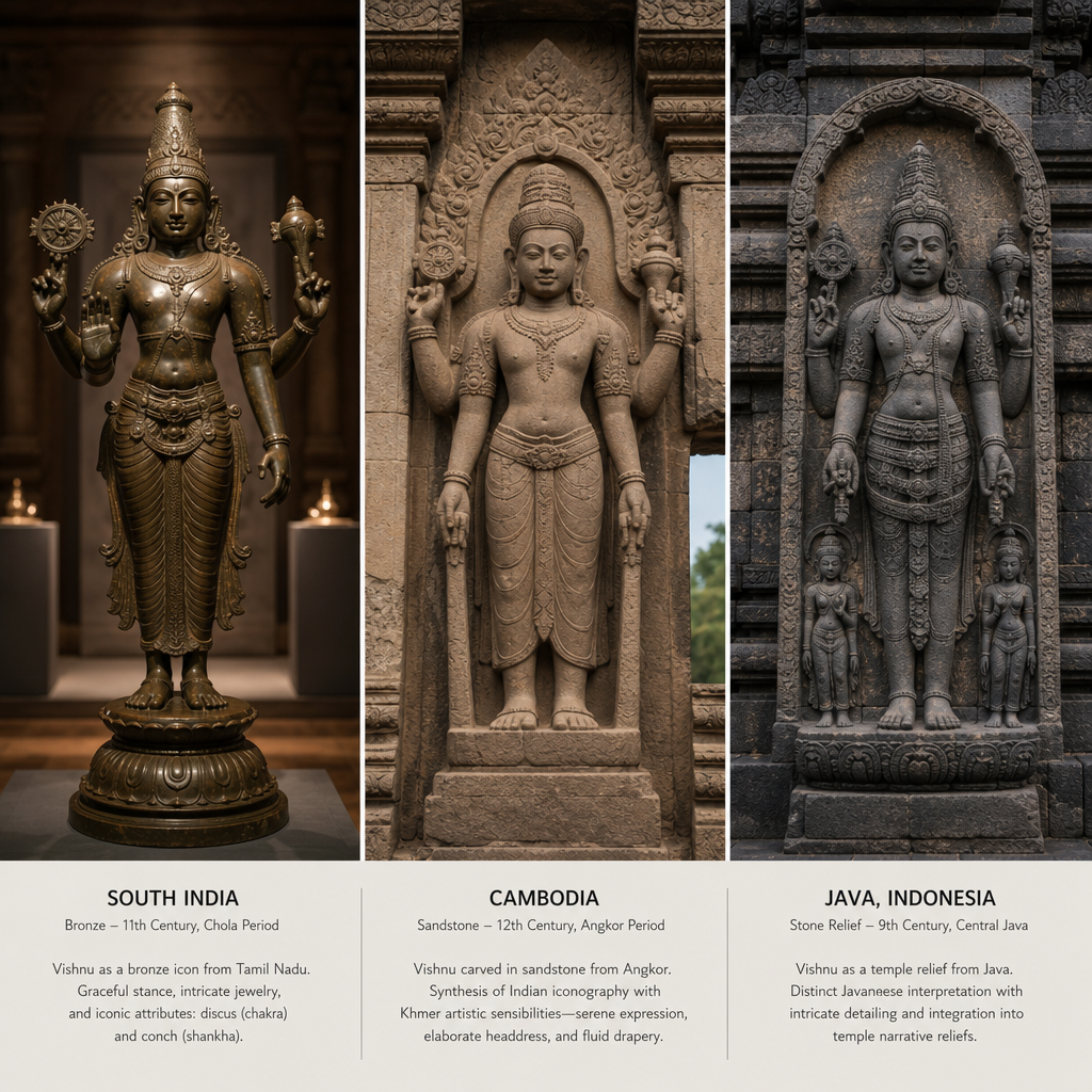 Drei regionale Variationen von Vishnu-Statuen aus dem Süden Indien, Kambodscha, und Java zum Vergleich angezeigt