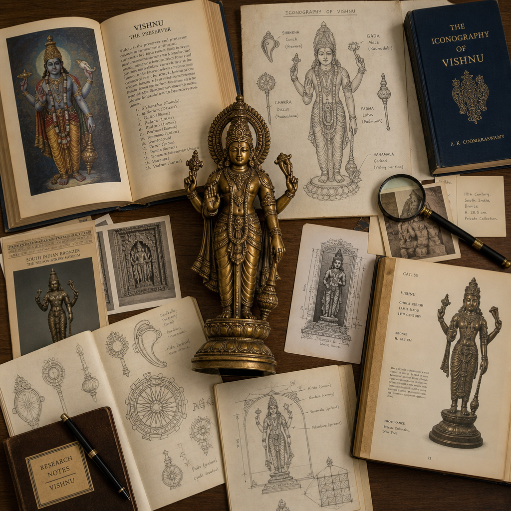 Sammlerstudienarrangement mit Vishnu-Statue, Nachschlagewerken, Skizzen und ikonografischer Dokumentation