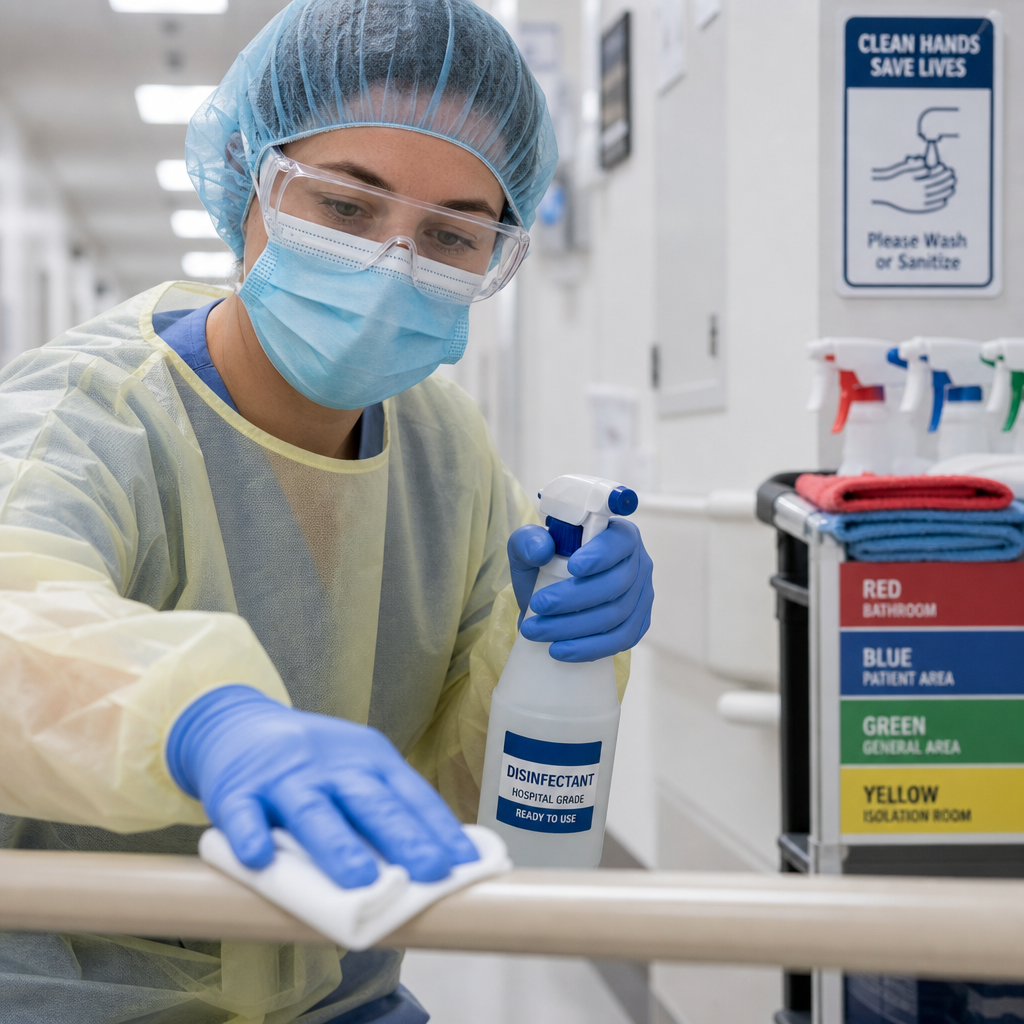 Aged Care Cleaning Melbourne: Why Compliance Matters Healthcare worker disinfecting handrail with color-coded cleaning supplies in aged care facility during an aged care cleaning session