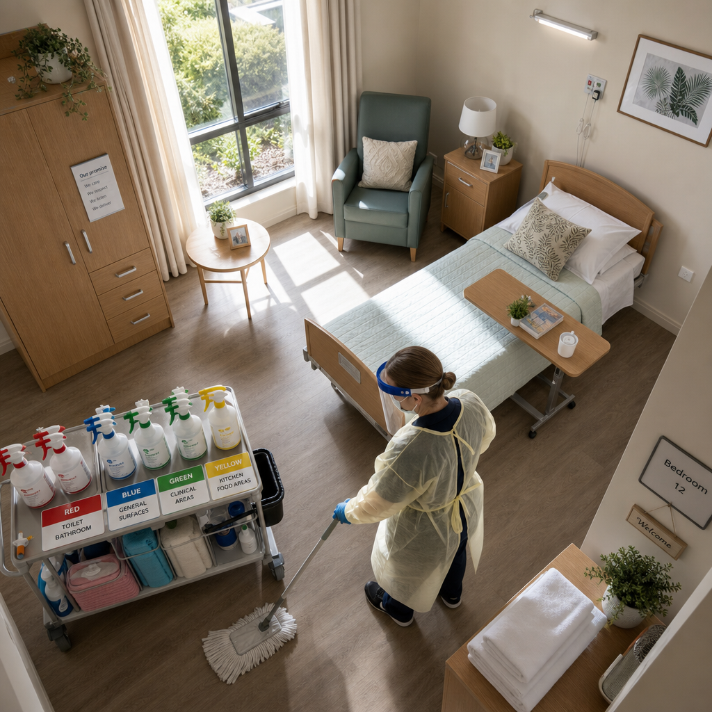 Aged Care Cleaning Melbourne: Why Compliance Matters Overhead view of aged care room during compliance aged care cleaning with color-coded disinfectants