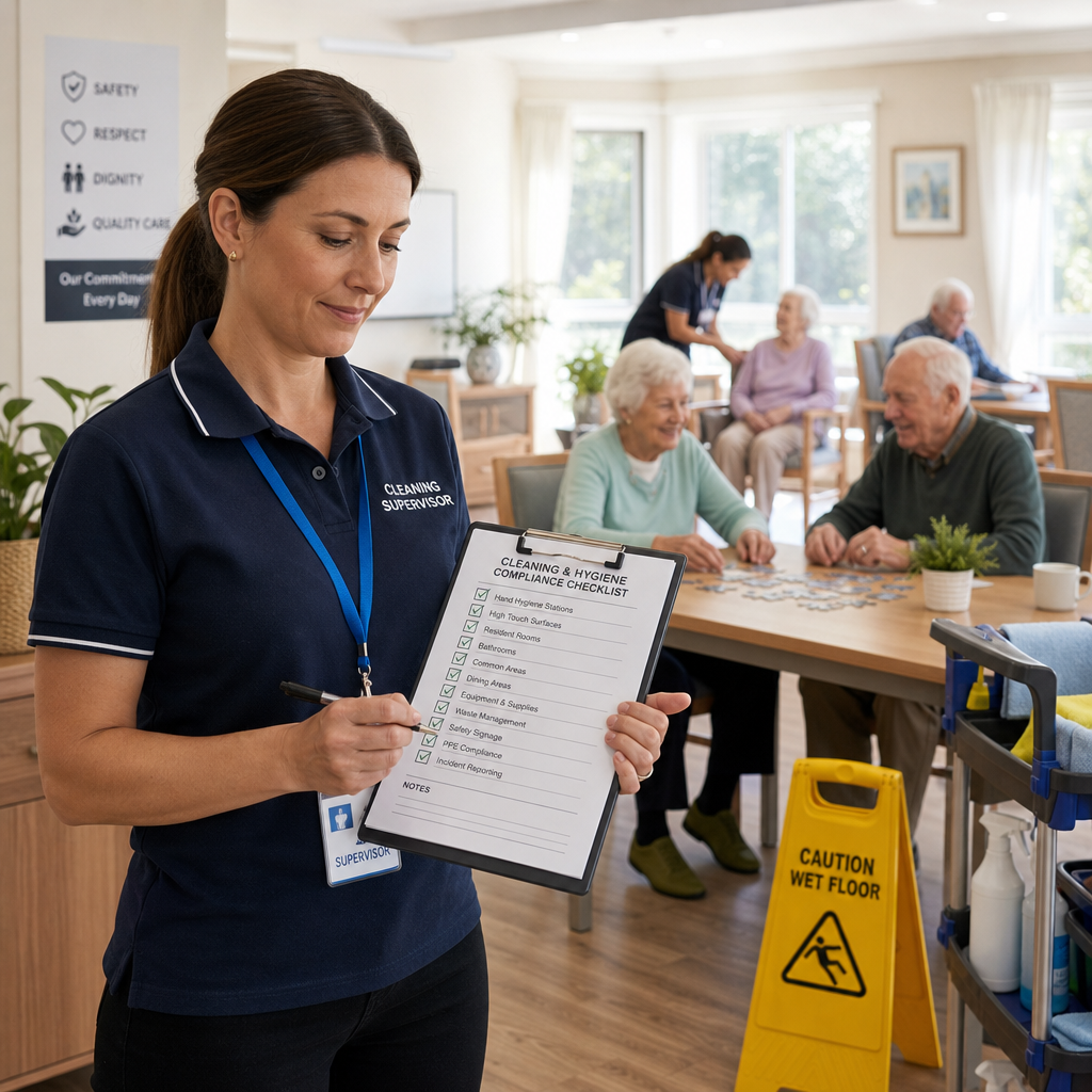 Aged Care Cleaning Melbourne: Why Compliance Matters Supervisor reviewing cleaning compliance checklist in aged care facility common area