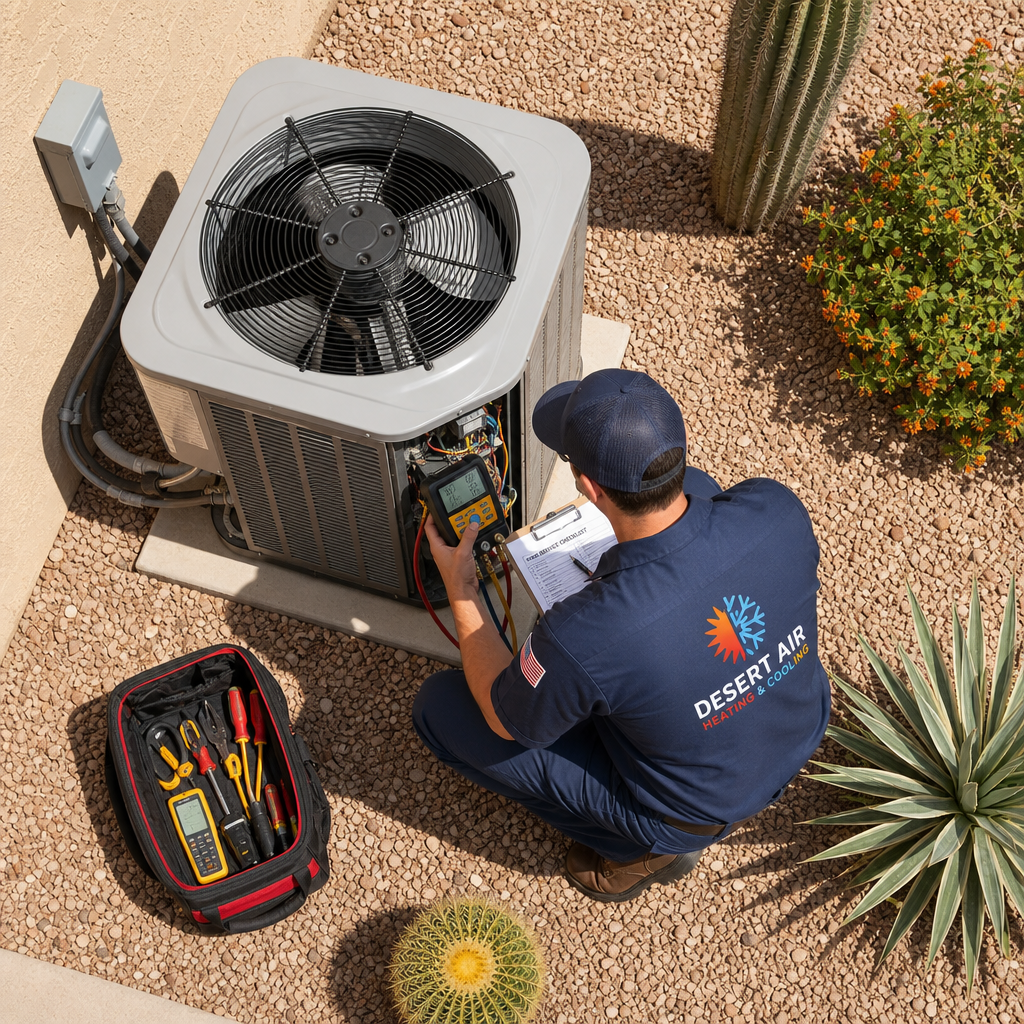 HVAC technician performing AC maintenance on outdoor unit in Phoenix heat