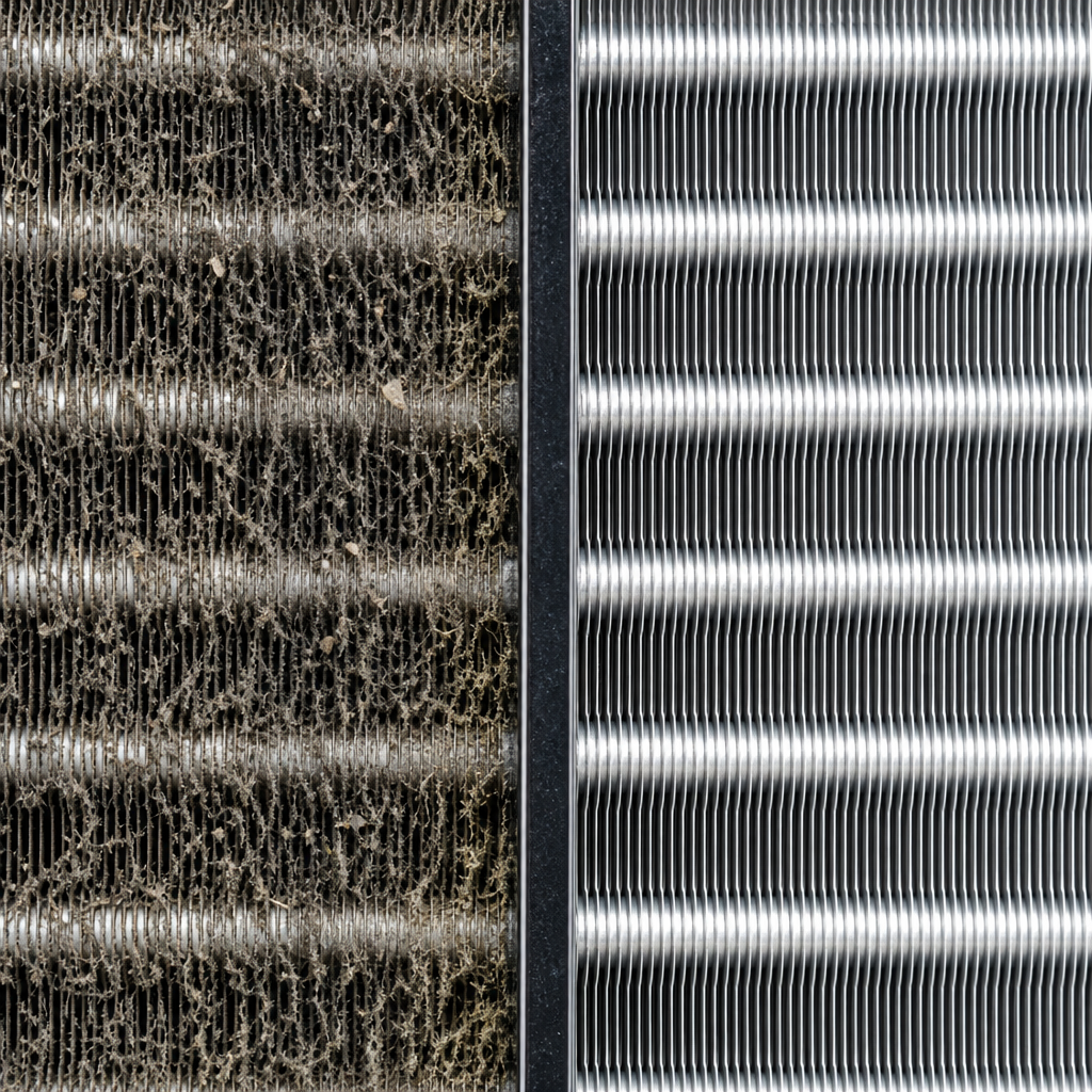 Comparison of fouled and clean AC condenser coils showing maintenance impact