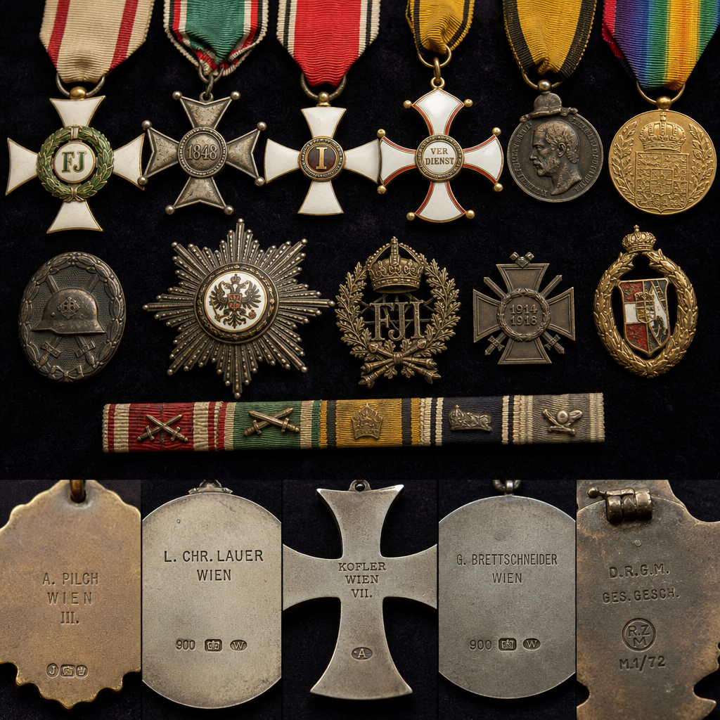Orden kaufen Wien: Militaria, Abzeichen & Blankwaffen 2 Sammlung von Militärorden und Abzeichen aus k.u.k.-Zeit auf dunkelrotem Samt