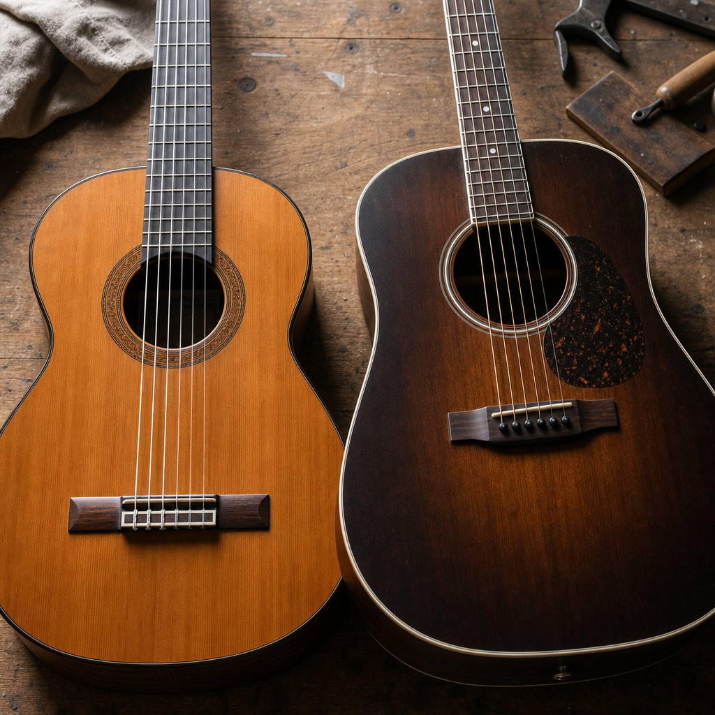 Close-up comparison of classical guitar with nylon strings and acoustic guitar with steel strings side by side