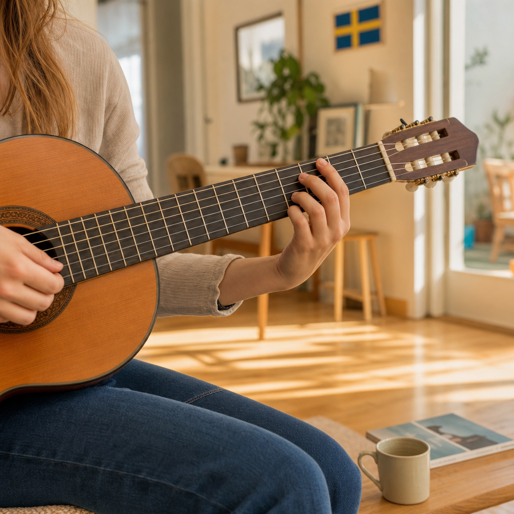 Beginner's hands playing a classical guitar with nylon strings in natural light