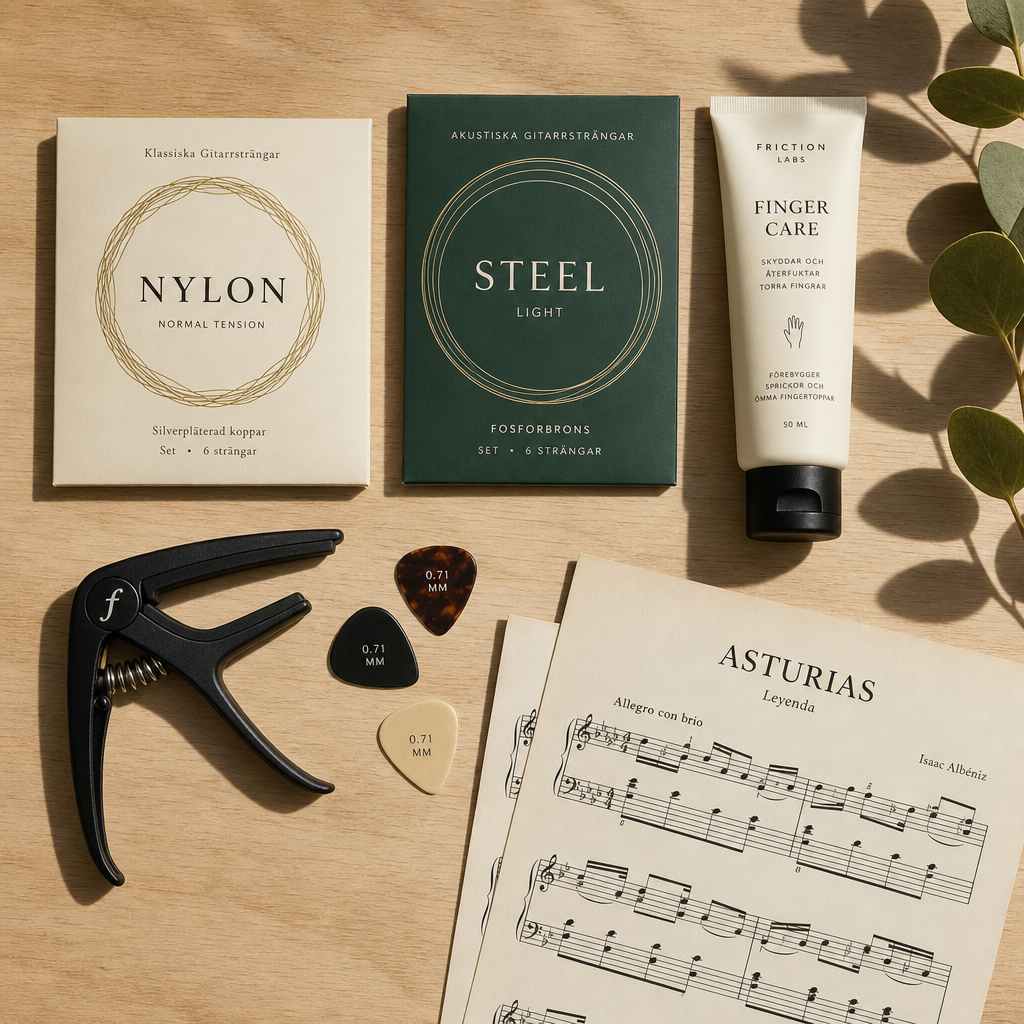 Flat lay of guitar accessories including nylon strings, steel strings, and beginner maintenance products