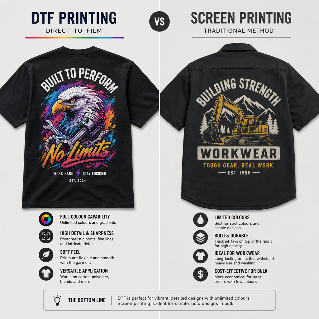 Side-by-side comparison of DTF and screen print methods on work garments