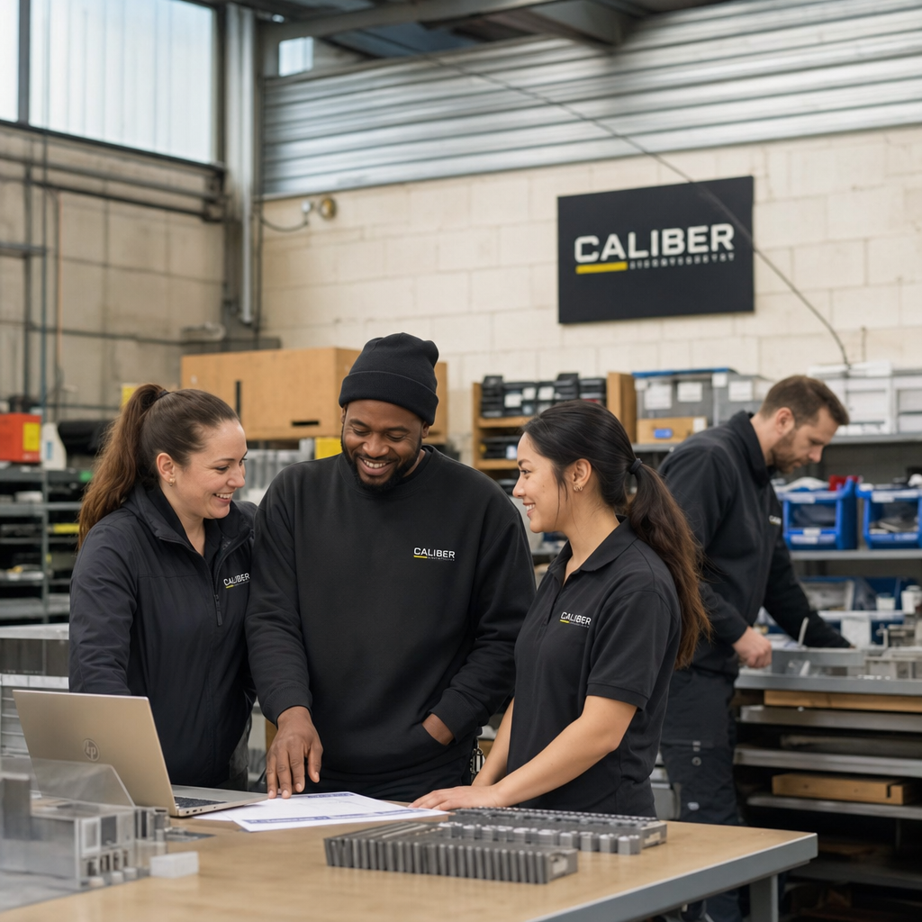 Diverse small business team wearing coordinated branded workwear in workplace