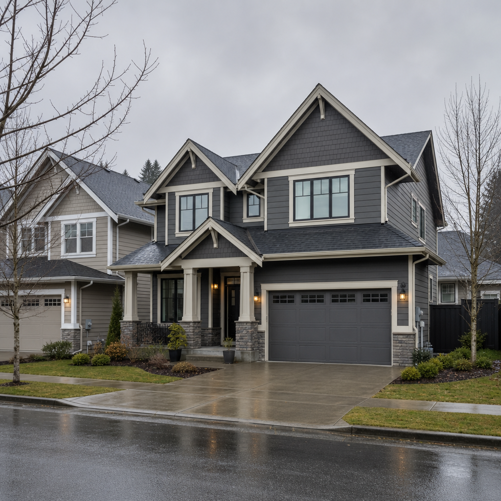 Fraser Valley home exterior in overcast winter light showing how grey daylight affects exterior paint color appearance