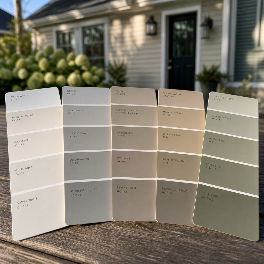 Paint color chips and samples displayed outdoors showing undertone variations and how colors appear in natural light