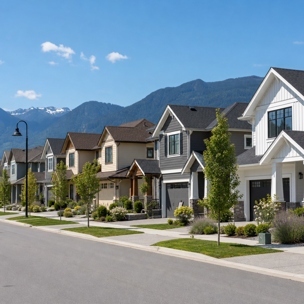 Fraser Valley neighborhood street with varied exterior paint colors on homes during bright summer conditions
