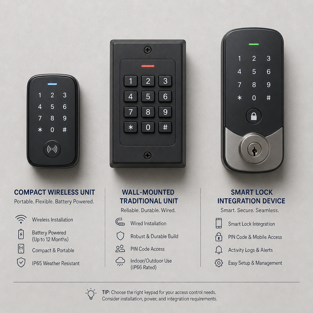Three different types of gate keypad access systems displayed for comparison