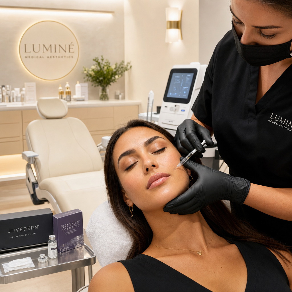 Medical aesthetics practitioner performing a precision cheek filler injection in a professional clinical setting