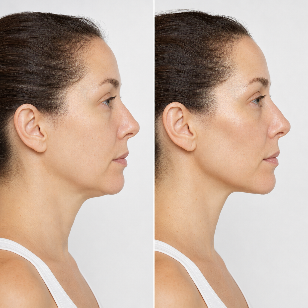 Before and after profile comparison showing natural facial contour enhancement with cheek and jawline definition