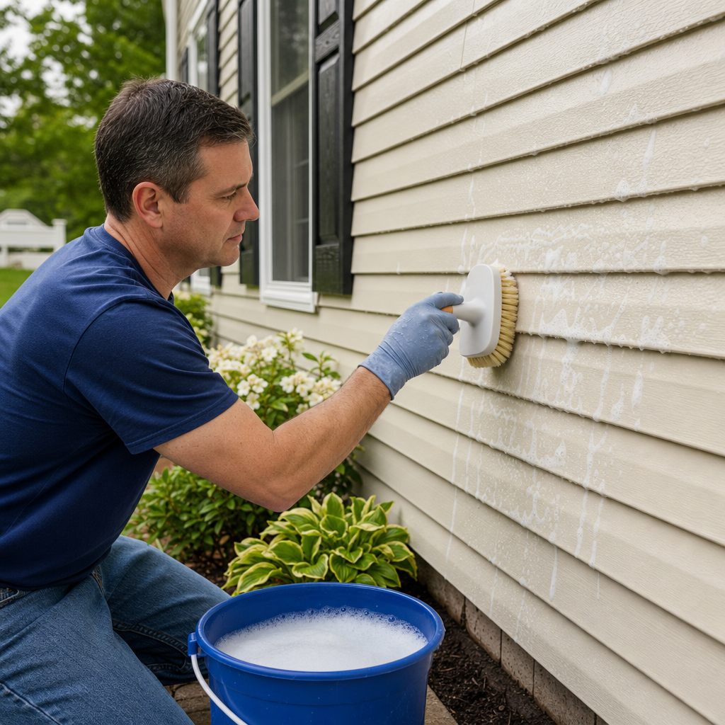 Person hand washing vinyl siding with a soft brush and soapy water