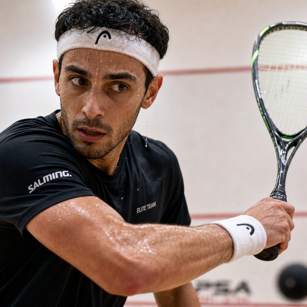 Squash player in intense match with visible perspiration during play