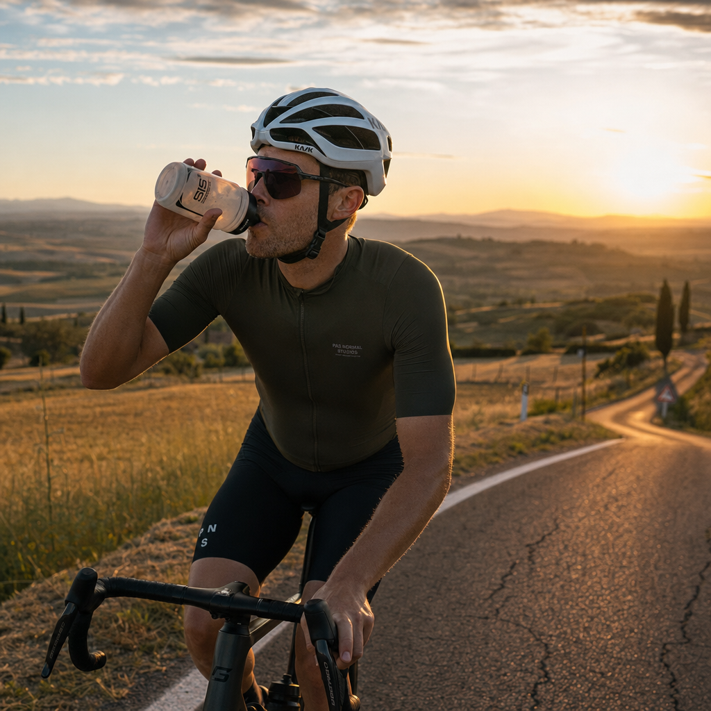 Cyclist hydrating during a long outdoor ride on a rural road