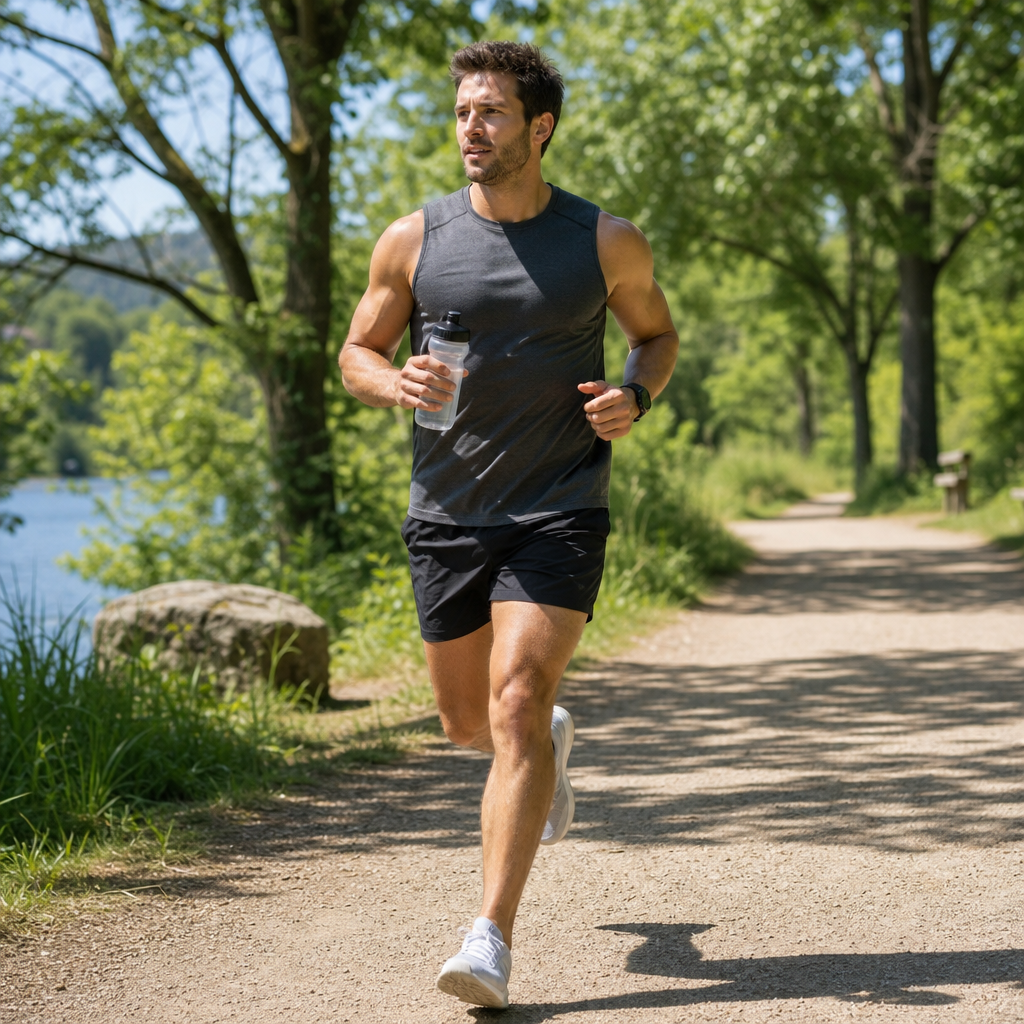 Distance runner hydrating during a training run on a natural trail