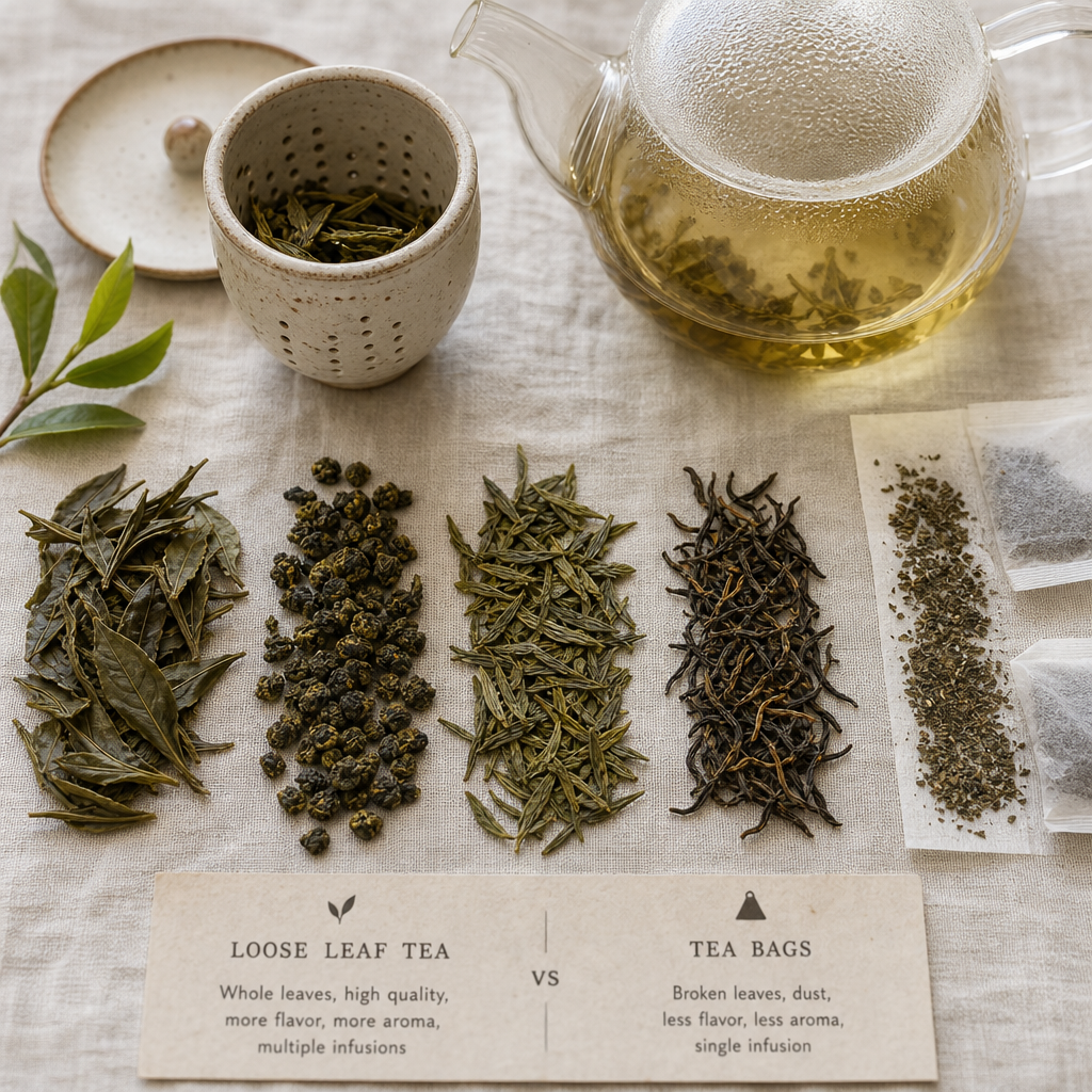 Loose leaf tea varieties displayed on linen with ceramic brewing equipment