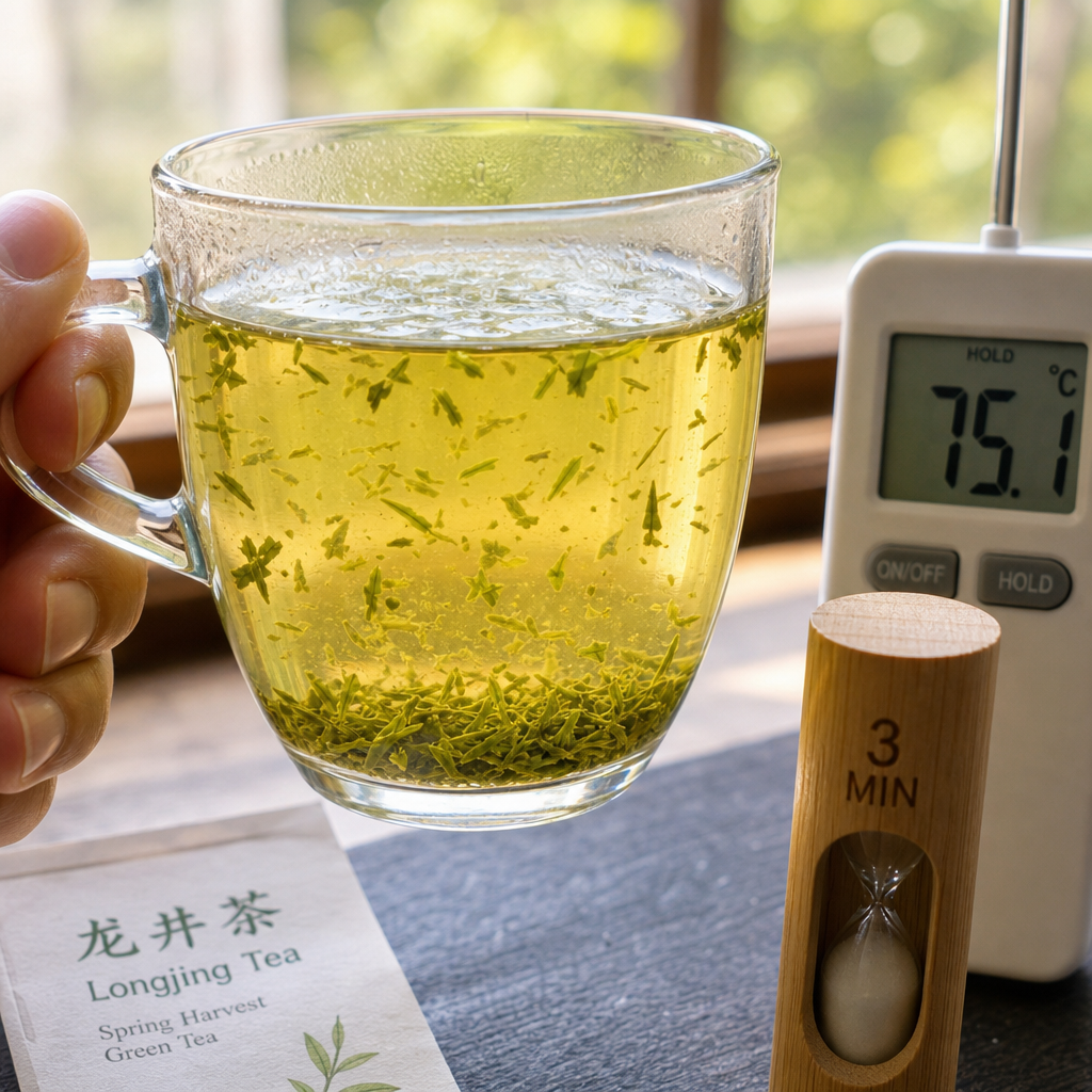 Properly brewed green tea in glass cup held to light, showing colour and clarity