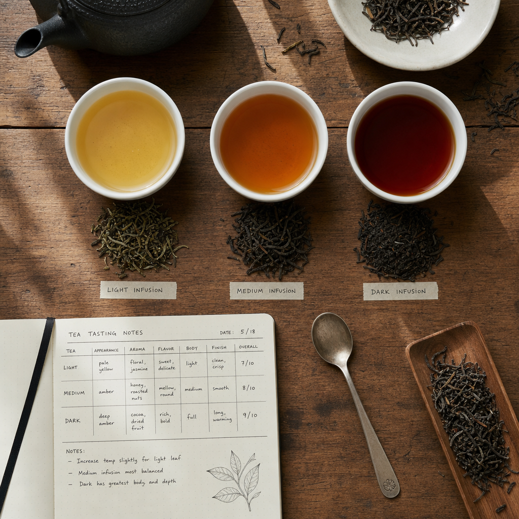 Professional tea tasting arrangement with multiple cups and tasting notes