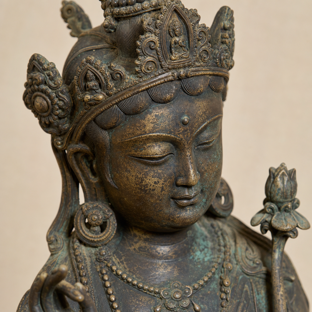 Nahaufnahme einer antiken buddhistischen Bronzeskulptur mit detailliertem Guss und Patina
