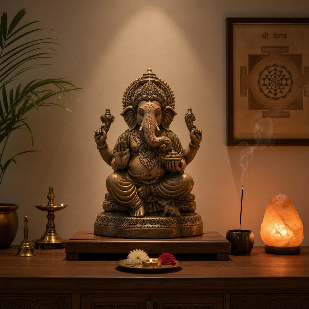 Aufbau eines Hausaltars mit zentraler religiöser Skulptur in einem friedlichen Meditationsraum