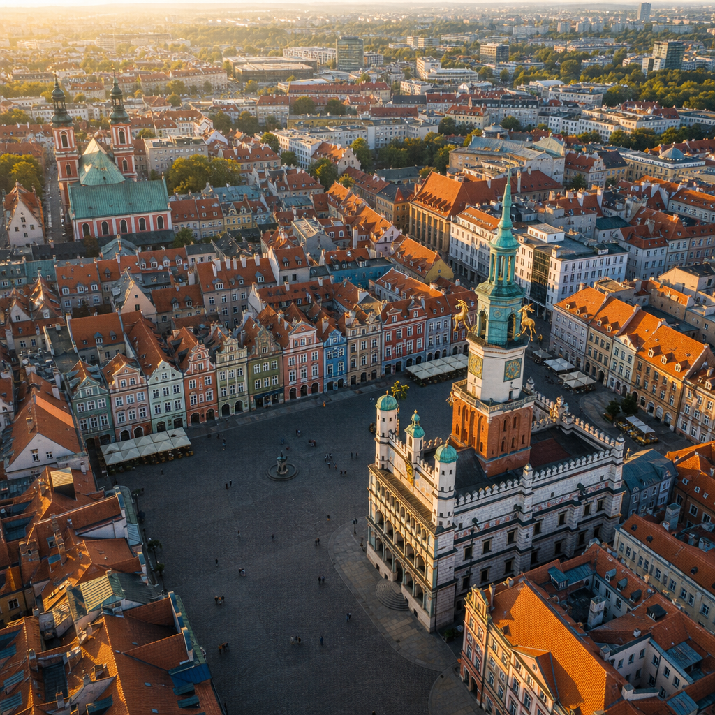 Widok z lotu ptaka na Stary Rynek w Poznaniu z wieżą ratusza i zabytkową zabudową
