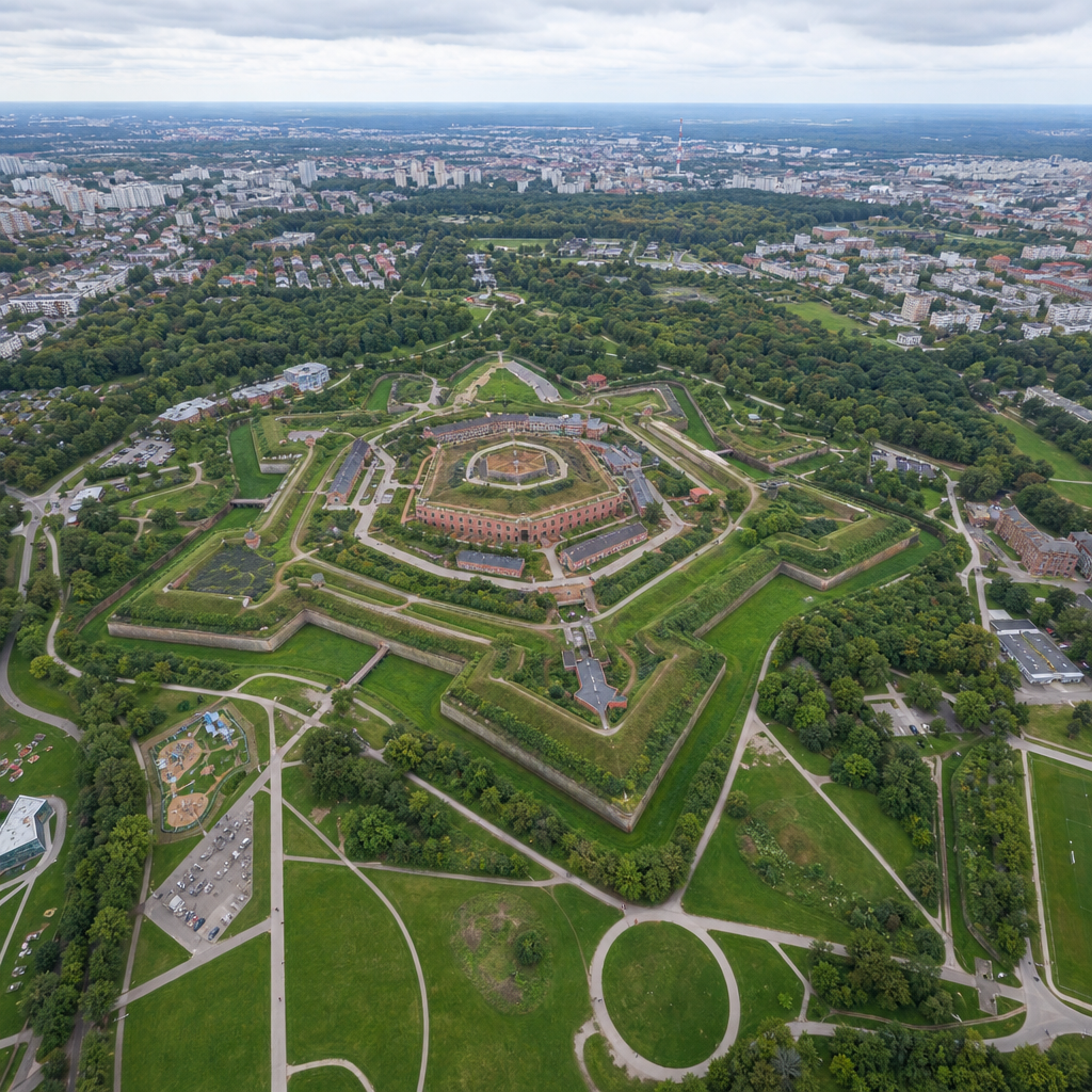 Lot helikopterem nad Cytadelą w Poznaniu - widok na fortyfikacje i zielony park