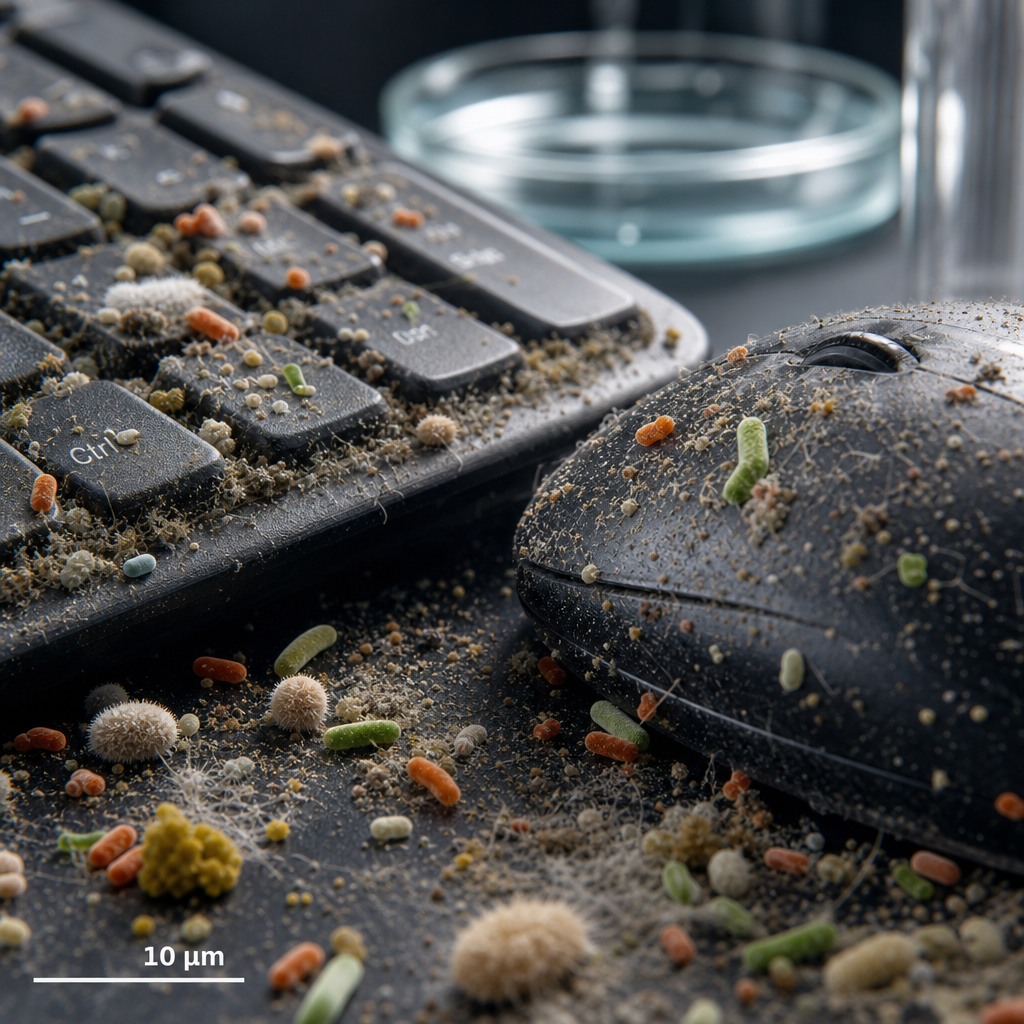 Microscopic view of bacteria and dust on an office desk surface which requires professional office cleaning