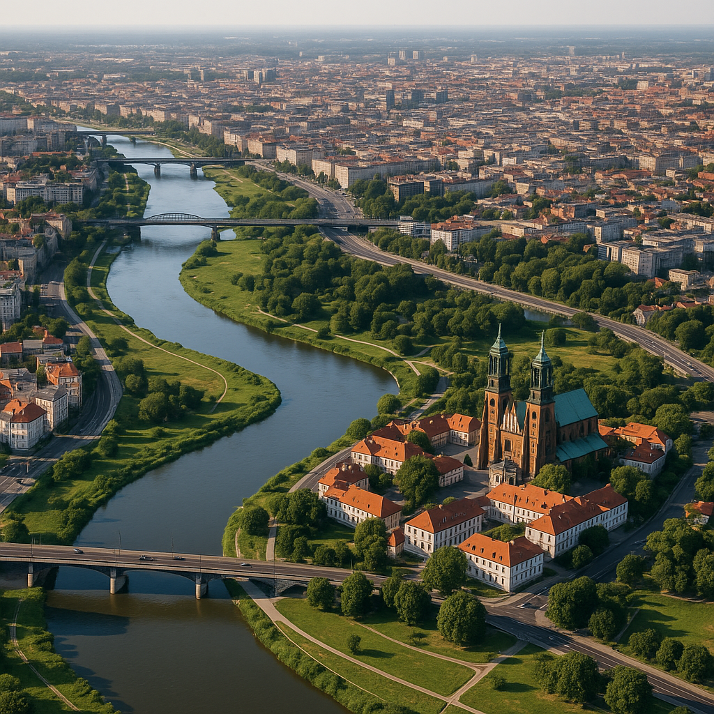 Warta z lotu ptaka - rzeka wijąca się przez Poznań, mosty i Ostrów Tumski z soborem