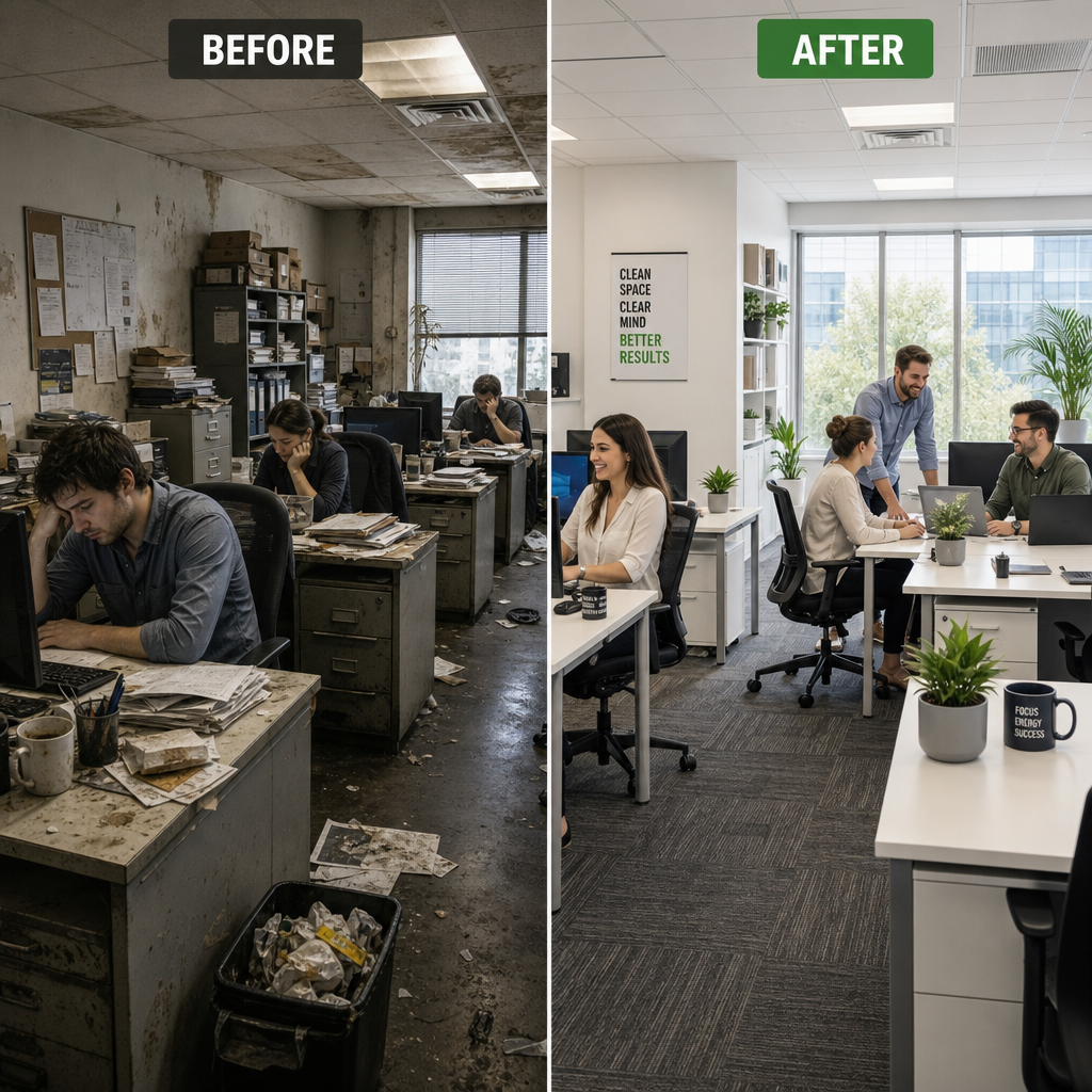 Before and after comparison of office cleanliness and worker productivity - office cleaning near me