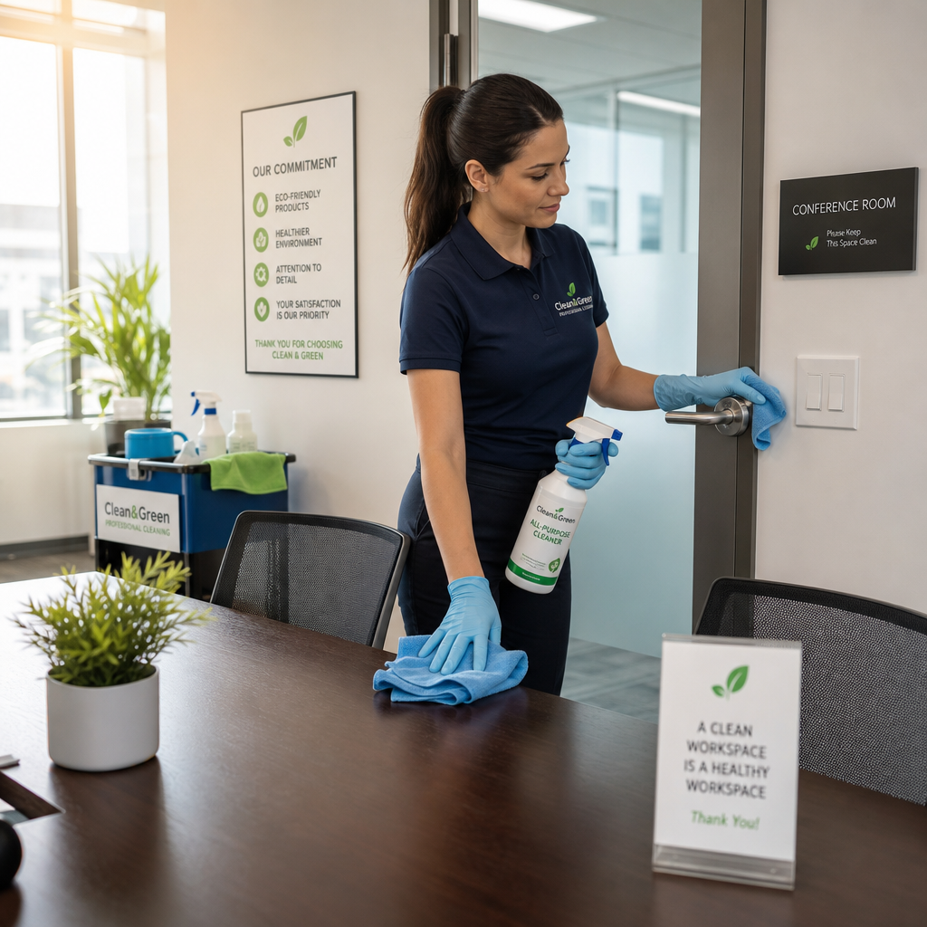 Office cleaner sanitizing high-touch surfaces in a professional workplace