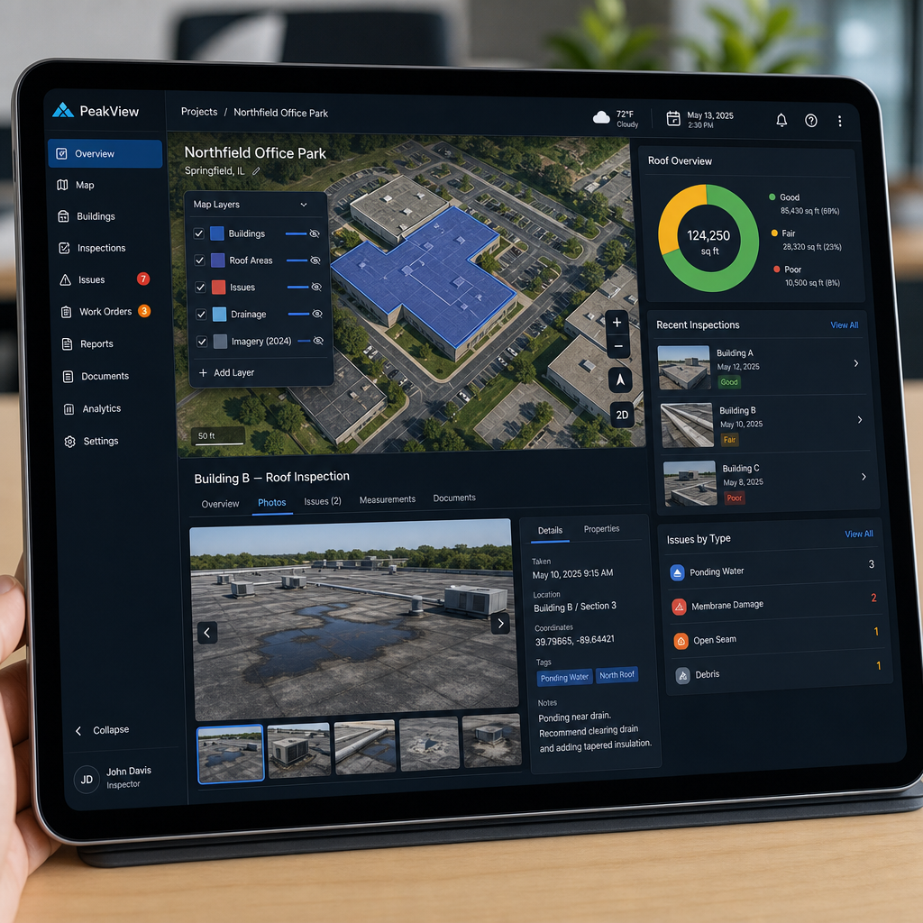 Digitalt dashboard med integrerede dronedata og GIS-kort vist på en skærm
