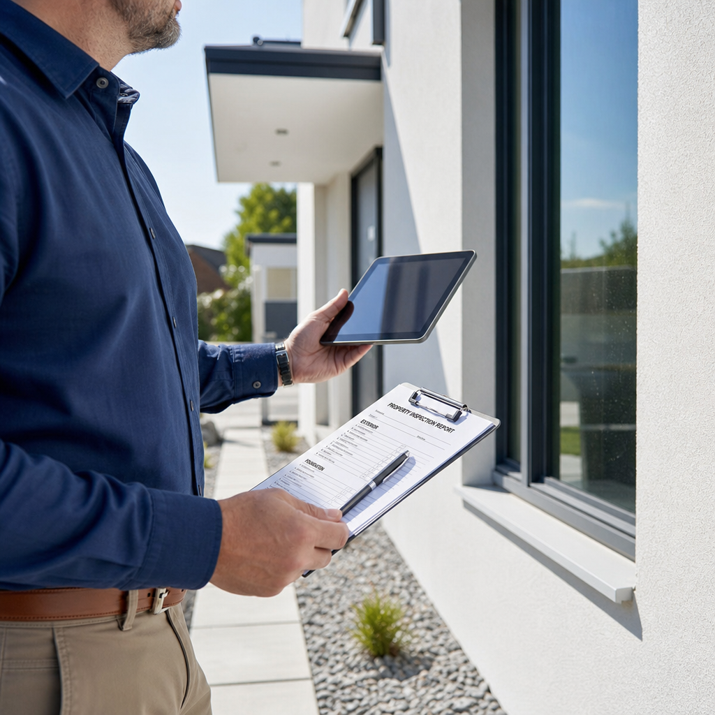 Home inspector conducting detailed examination of new property exterior with digital tools