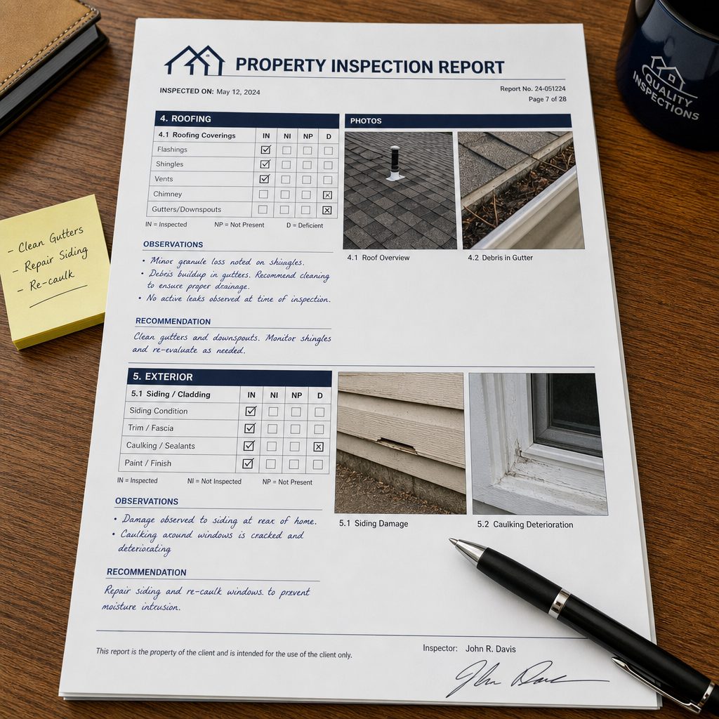 Inspection report documentation spread showing detailed assessment findings and notes