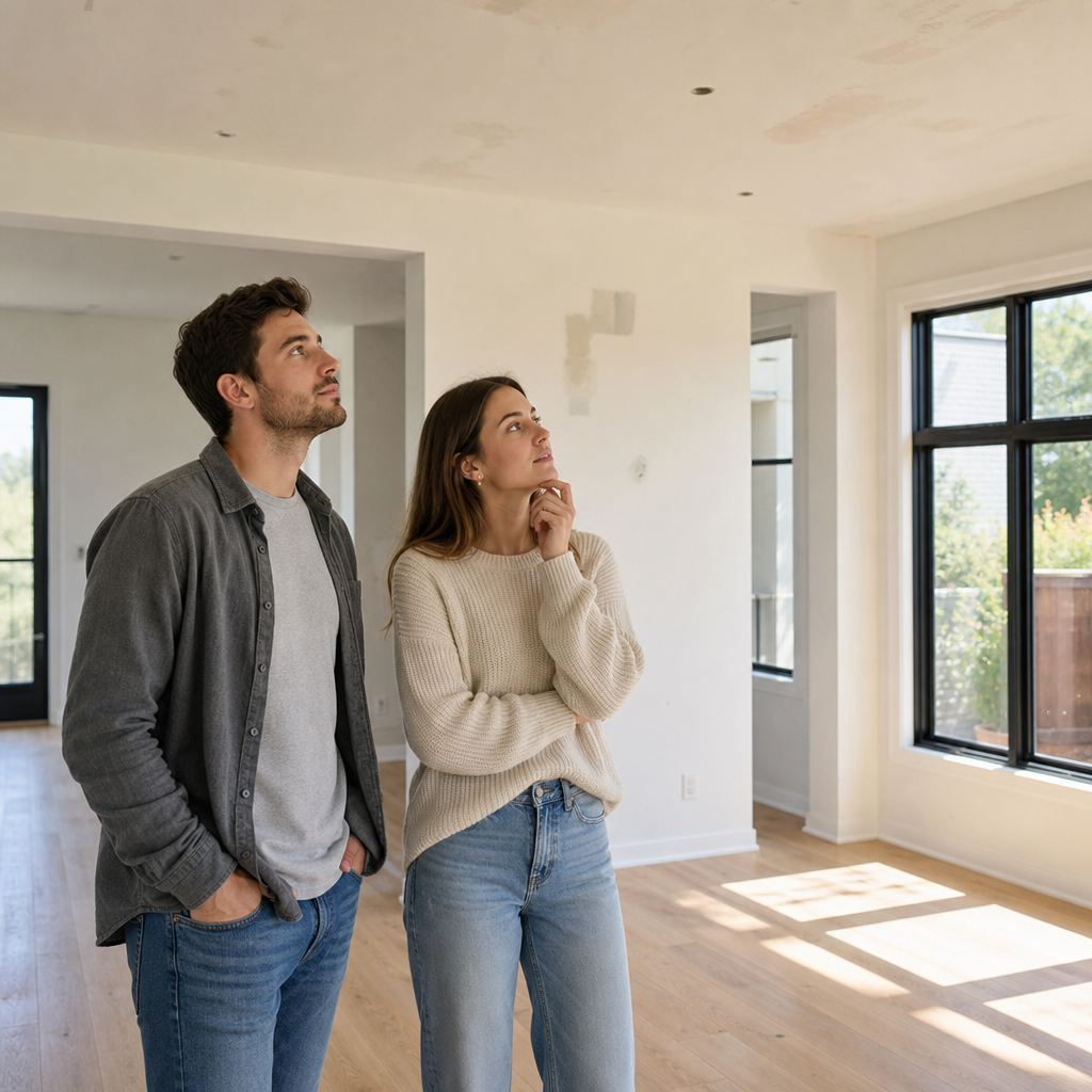 New home buyers reviewing their property interior before settlement and handover
